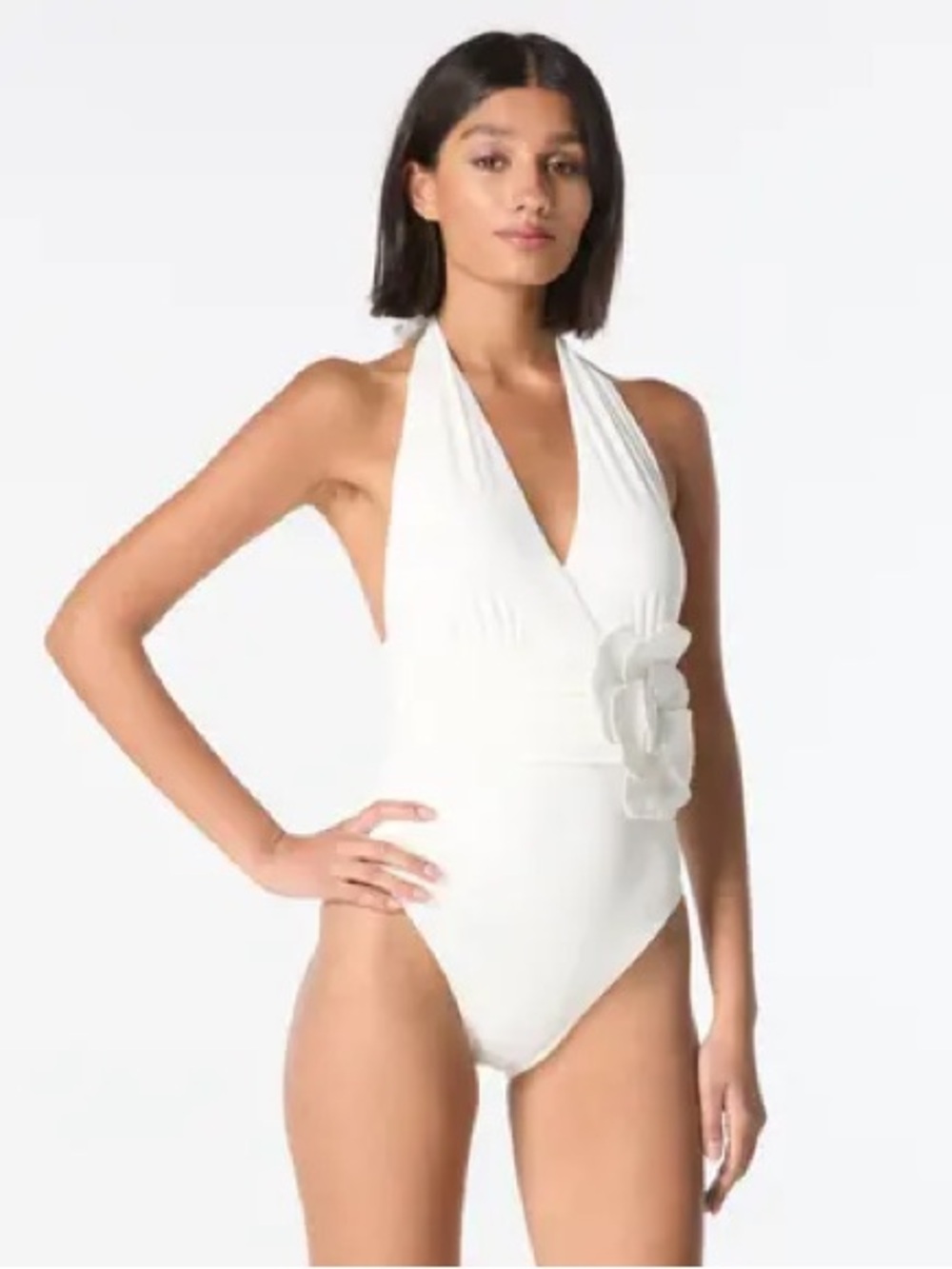 Carmen Marc Valvo White Halter One-Piece with Scalloped Edge
